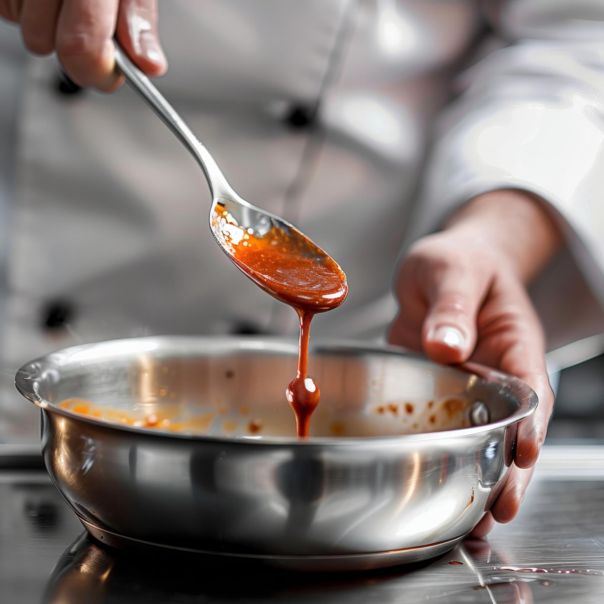 Chef stirring sauce in pan